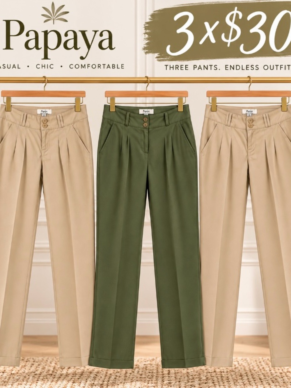 Set of 3 Papaya women’s pants, size Medium — 2 beige and 1 green.